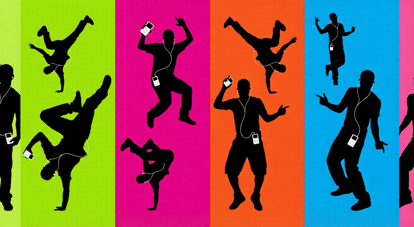 حملة الظلال من آبل 2003: خلفيات فاقعة مع ظلال سوداء وسماعات بيضاء